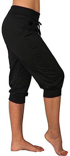 Womens Cropped Trousers 3/4 Length Sport Drawstring Elasticated Waist Half Pants Stretch Jogger Sweatpants Casual Jogging Yoga Capris Summer Three Quarter Bottoms with Pockets Black