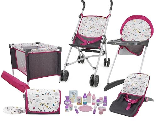 509 Crew 21 Piece Doll Stroll n Play & Care Combo Set, Doll Stroller, Doll Playard, Doll High Chair Set, Carry Cot, Diaper Bag, Feeding and Grooming Accessories, Ages 3+