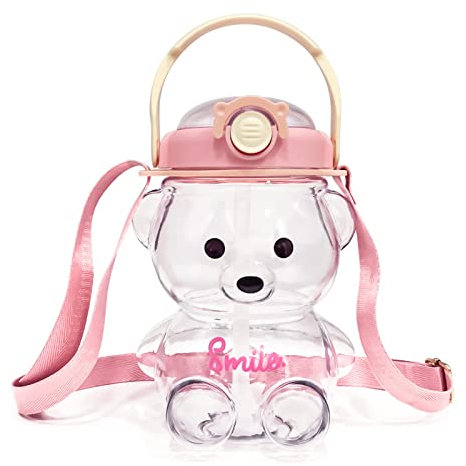 KFZR Bear Water Bottle with Straw Kawaii Cute Adjustable and Removable Shoulder Strap (1400mL, Pink)
