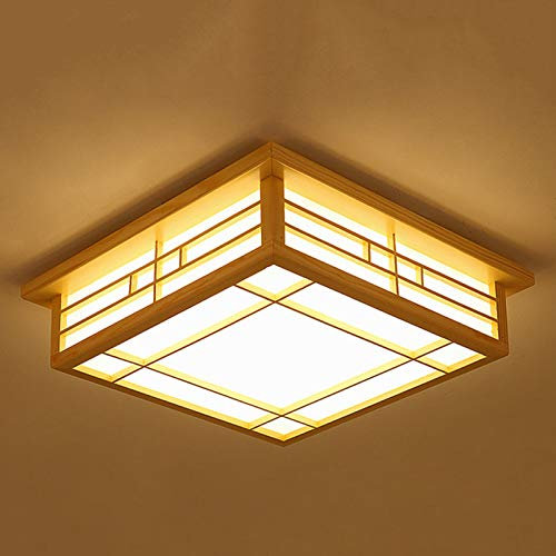 SanBouSi Lampada da soffitto in legno giapponese, a LED, quadrata, per camera da letto, soggiorno, in finta pelle di pecora, 16 W, calda