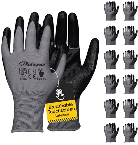 SAFEYEAT12 paia di guanti da lavoro rivestiti in nichel nero palma con touch screen per costruttori, guanti leggeri di sicurezza per lavoro uomini e donne magazzino, giardino, pulizia, consegna,S