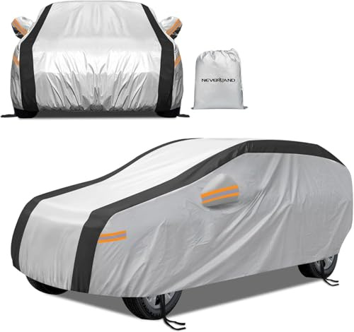 NEVERLAND Funda Coche SUV M Impermeable 2500PA - Cubierta Exterior 210D Oxford Plata Reflectante Solar y Negro, Antigranizo con Tiras Naranjas Alta Visibilidad para Jeep Renegade, Fiat 500X | 455cm
