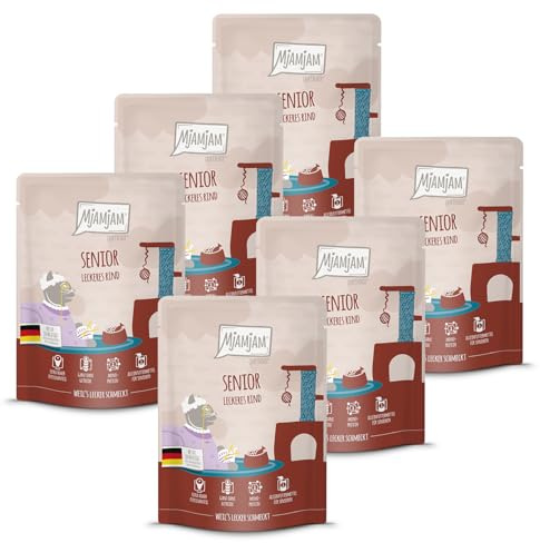 MjAMjAM - Premium våtfoder för katter - Quetschie - Senior - läckert nötkött, 6-pack (6x300g), spannmålsfritt
