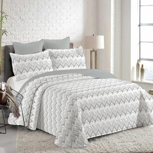 MERCURY TEXTIL- Colcha Bouti Lisa (Cama 135-230x260cm,Zigzag Gris) | para Verano y Entretiempo 100% Poliéster. Colchas Cubre Cama Fina, Ligera y Suave.