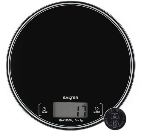 Salter Bilancia da cucina rotonda - Bilancia digitale per la cottura al forno e la cottura, misura liquidi e liquidi, display LCD di facile lettura, funzione tara/zero, capacità di 5kg, SA00595BCFEU12