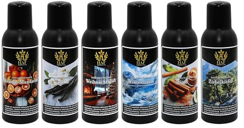 HAF® Saunaaufguss Konzentrat Set Weihnachtszauber | 6 x 100 ml Saunaduft mit Orange Mandarine, Vanille, Weihnachtsduft, Wintertraum, Zimt, Zirbe | Saunaöl aus 100% natürlichen ätherischen Ölen