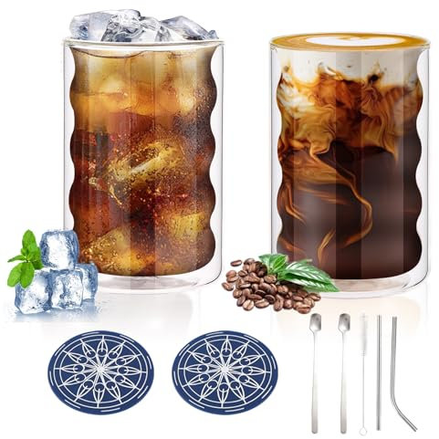 Nuo desire 400ML Drinking Glasses, Double-Walled Coffee Mugs, Set of 2 – Insulated Glass Cups for Hot/Cold Drinks, Espresso, Tea, Juice, Ice Cream Glasses Drinking