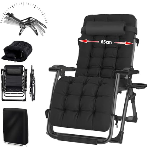 YOIZO Liegestuhl Klappbar 65cm Relaxsessel Garten mit Kissen, Einstellbar Sonnenstuhl für Patio Garten Strand Pool, Klappliegestuhl Liegestuhl mit Kopfkissen 200kg (1-Schwarz)