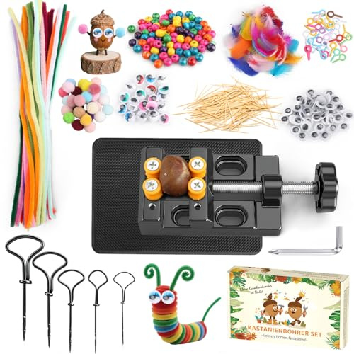 Lot de 5 forets à châtaignier pour enfants - Avec support à châtaignes et accessoires de bricolage DIY - Kit de bricolage avec 5 forets de 1,5 à 5 mm