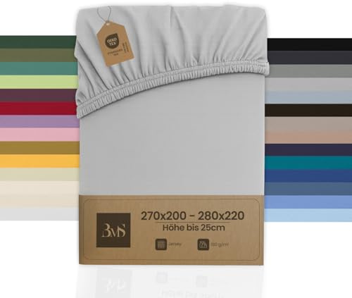 Bettwaesche-mit-Stil Familienbett Spannbettlaken Jersey Spannlaken Spannbetttuch (270x200-280x200 cm, Matratzenhöhe bis 25cm, Grau) Gewicht: 180g/m², 90% Baumwolle 10% Elasthan