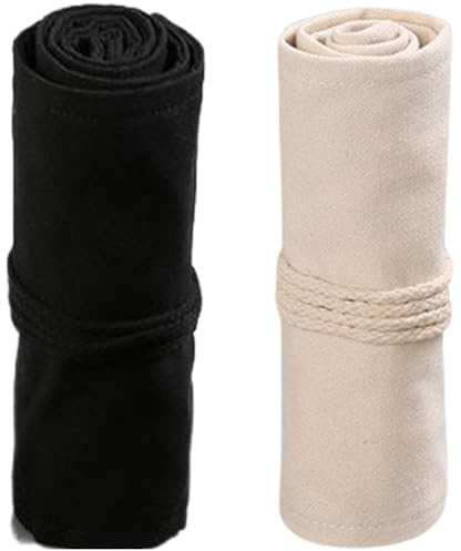 Joygoodta 2 estuches de colores para lápices, rollo de 36 ranuras, bolsa organizadora de lápices de lona con 2 ranuras grandes, bolsa enrollable de 18 x 8, de almacenamiento para pinc