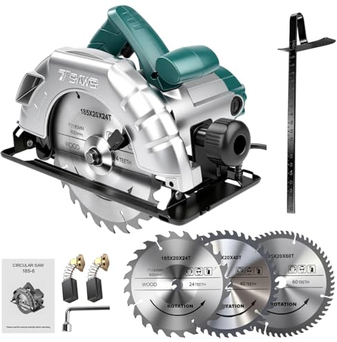 VOBOR 1200 W Sierra Circular de Mano 5200RPM, Profundidad de Corte 60mm(90°), 45mm(45°), Hoja de Sierra 185mm, Incluye Guía Lateral para Corte Recto y Llave, para Corte de Madera/Plástico