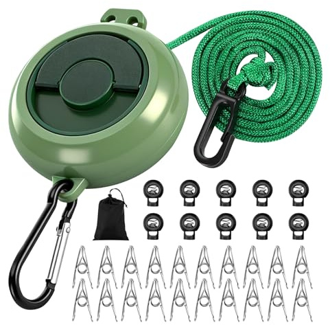 10M Cuerda Tendedero Exterior con Manivela, Tendedero Cuerdas Extensible, Cuerda Tendedero Portátil con 10 Hebillas Fijas y 20 Pinzas para Ropa, para Camping Viaje Autocaravana Balcón Jardín Hoteles