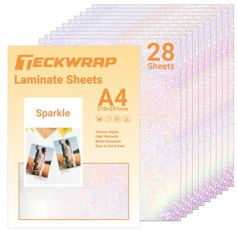 TECKWRAP Holographic Laminate Sheets for Sticker Paper A4 28pcs,Sparkle | Holographic Adhesive Sheets Waterproof Laminate Sheets Clear Vinyl Sticker Laminate DIY Printable Vinyl for Inkjet Printer