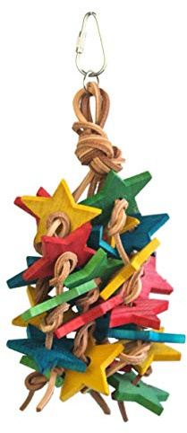Birds LOVE Wood Stars & Leather Toy for Bird Cage Stand or Playgym, Bird Toys for Small to Medium Parrots, Sun Conures, Green Cheeked Conures, Quakers, Parakeets, Caiques, Cockatiels, African Senegals