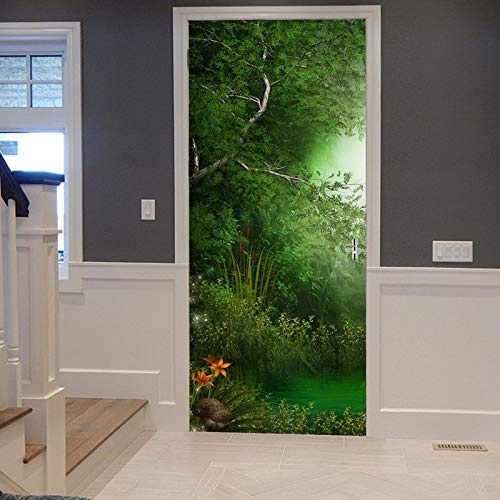 A.Monamour Adesivo Porta Autoadesiva Foresta Verde Incantata Alberi Fiori Erba Fantasia Fata Vinile PVC Adesivi per Porte Interne 3D Pellicola Adesiva Poster Sticker Murale Decorazione da Parete