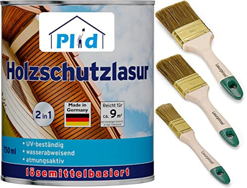 PLID® Träskyddlasur Valnöt satin – [LANGZEITSCHUTZ] – Laub- und Nadelhölzer – feuchtigkeitsregulierend – UV-beständig – wetterbeständig – Träskyddlasur för aussen – Made in Germany 0,75l Set