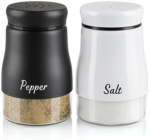 Salt and Pepper Shakers Set, Bivvclaz 5 Ounce Salt and Pepper Dispenser with Glass Bottom, Cute Salt and Pepper Shakers for Modern Home Kitchen Decor, Easy Filling