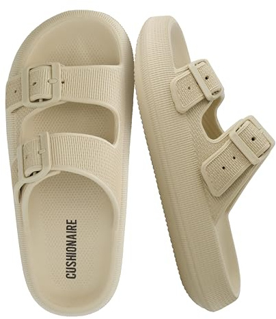 CUSHIONAIRE Fame Pillow Recovery Sandals for Women, Adjustable Double Buckle Waterproof EVA Cloud Slides for Women, KHAKI 8