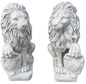 Sonderangebot Massive Steinfiguren Löwen Paar mit Schild Torwächter Steinguss Gartendeko Deko-Figur für Haus Garten Moderne Statue Garten-Figur