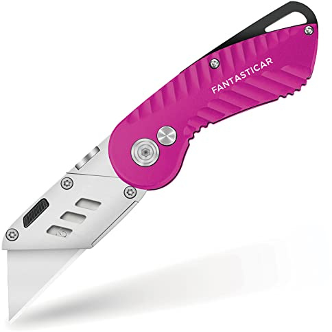FantastiCAR Folding Utility Knife, Sturdy Metal Box Cutter with Extra 5 Blades, Quick Blade Change, and Preminium Gift Packaging, for Cardboard Opener, Paper Cutter (Hot Pink)