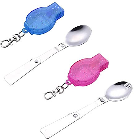 2 Pezzi Forchette e Cucchiai Pieghevoli, Stoviglie Pieghevoli, Cucchiai da Insalata Pieghevoli, Durevole e Resistente, für Picnic All'Aperto, Ufficio, Pasti Scolastici (Rosa, Blu)