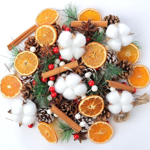 Christmas Wreath Making Supplies, 205 Pine Cones Dried Cotton Balls, Dried Orange Slices and Cinnamon Sticks, Star Anise, Pinecone Berries Garland Making kit for Xmas Tree Decor Fall Winter Crafts