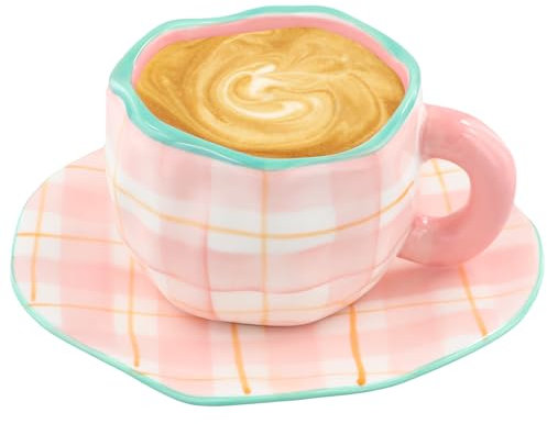 Granvoo Taza de Café de Cerámica Con Platillo, 250 ml - Juego de Tazas y Platillos de Novedad, Irregular Para Oficina y Hogar (Rosa)