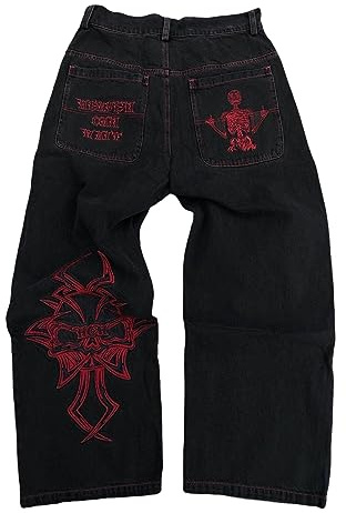 Y2K Jeans pour Homme Hip Hop Vintage Crâne Broderie Denim Pantalon Gothique Droit Tube Large Jambe, Noir, Taille XL