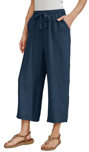 Fourindo Pantalon 7/8 Femme Été Lin Pantalon Fluide Femme Taille Haute Elastique Casual,Léger avec Poches,S-XXL