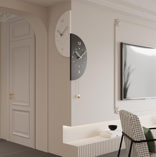 PSYCHE GOD Semicircular Corner Wall Clock Double Sided with Pendulum, Decorative Wall Clock in 2 Silent Quartz Movement Battery Operated for Living Room Bedroom Kitchen Office, Black&White