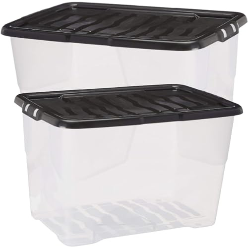 STORM TRADING GROUP 5 x 65L Large Curve Plastic Storage Boxes With Black Lids Stackable, Clear & Durable Container For Home & Office (41cm H x 39cm W x 60cm D)