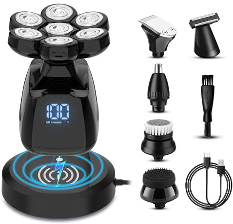 Rasoir Electriques Hommes, 6 in 1 Rasoirs Rotatives Rasoir à Tête Chauve Sec et Humide Cheveux Hommes Chauve Rechargeable Type-C Tondeuse Chauve avec Écran LED