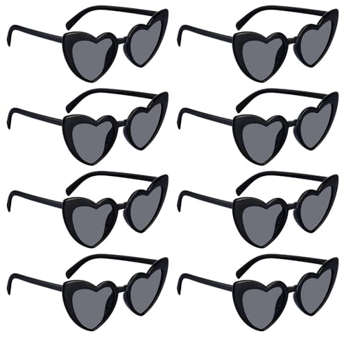 Lot de 8 paires de lunettes de soleil rétro en forme de cœur - Noires - En forme de cœur - Style hippie des années 90 - Avec protection UV380