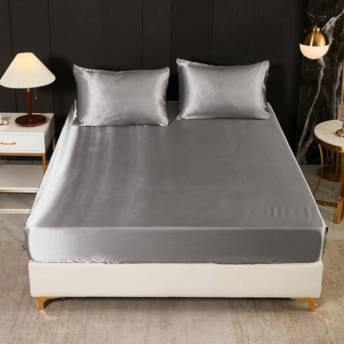 Freyamy Spannbettlaken 120x200cm Grau Satin Luxus Spannbetttuch Unifarben Seide Glänzend Spannbetttücher Uni Seidig Glatt Sommer Spannleintuch Bettlaken für bis 25-35cm Matraze Spannbetttücher