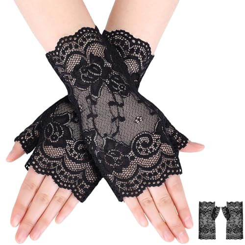 Netzhandschuhe,Fingerlose Handschuhe Damen,Schwarz Spitze,Spitzenhandschuhe Kostüm Kurze,Gloves Spitzen,für Netz Schwarze Braut,Lace Armstulpen Schwarzehandschuhe,Mit Damen-Hochzeits-Spitzenhandschuhe