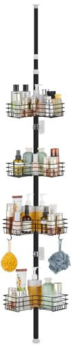 PORUGE Teleskop Duschregal, Duschregal ohne Bohren, 85-325 cm Höhenverstellbares Duschablage Ecke, Metall Eckregal Badezimmer Regal mit 4 Körben, Teleskopregal Bad für Dusche und Badewanne (Schwarz)