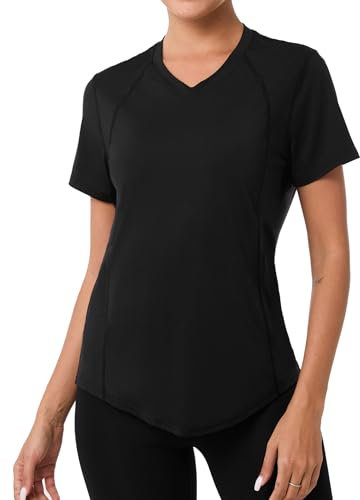 Terecey Sportshirt Damen Kurzarm, Sport Tshirt Damen Fitness Sport Oberteile Locker Funktionsshirt V-Ausschnitt Trainingsshirt Atmungsaktiv Laufshirt Yoga Top Tennis Shirt S-3XL