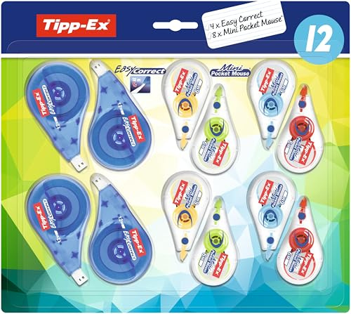 Tipp-Ex Correction Tape 12 Pack - Mini Pocket Mouse 6m & Easy Correct Extra Long 12m Rollers - 96m of White Tape Coverage