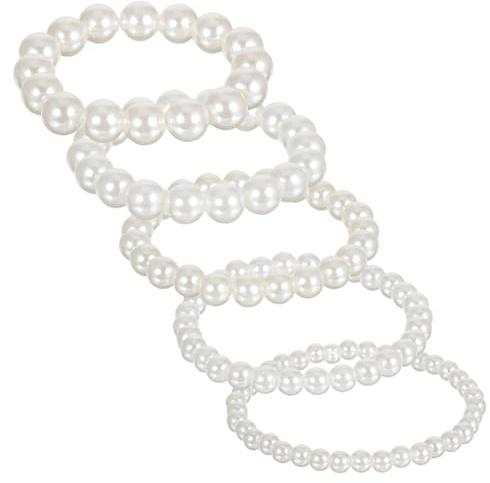LXUEJIE 5 Pcs Pearl Bracelets for Women, Elastic Boho Pearl Stretch Bracelet Set 5 Sizes White Stackable Pearls Beaded Bracelet for Bridal Wedding Bridesmaid Party Gift Daily Wear