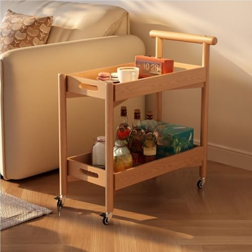 Zhwhlcynh Wooden Trolley, Storage Rack with Universal Wheels, Side Table with Handle, 2-Tier Rolling Storage Cart for Bedroom, Kitchen, Small Space(Yellow)