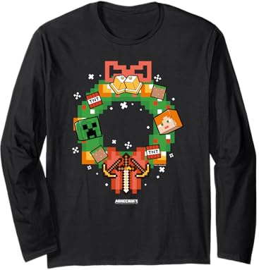 Minecraft Christmas Pixel Art Wreath Alex and Creeper Manche Longue
