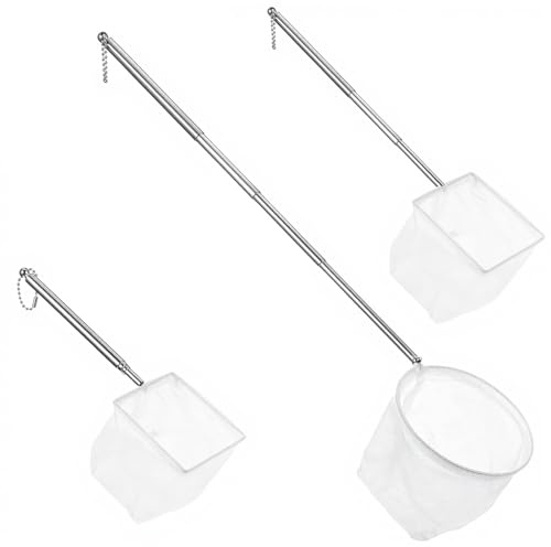 SHENLIU 3 Stück Aquarium Kescher Fischnetz, Kleines Garnelennetz, Aquarium Fischnetz mit Edelstahl Teleskopstangen Griff 8cm Quadratische&10cm Rund Kescher Klein für Aquarien kleine Teiche und Pools
