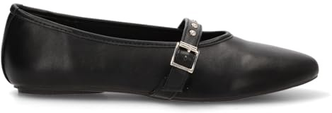 Etika Bailarinas de Punta Fina para Mujer, Zapato Plano Estilo Mercedita con Tira de Tachuelas, Cierre de Hebilla en el Empeine, Modelo 63311 Negro - 39