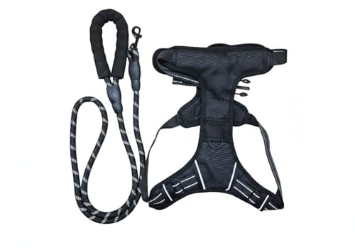 PET&TECH Imbracatura per cani con guinzaglio; anti-tiraggio, regolabile ed ergonomico, design tipo sedia da equitazione, comoda, sicura e con maniglia di controllo, nero