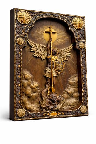 Jara's Petite Paradise St Michael Archangel Hand Carved Wooden Plaque, Religious Catholic Wall Art, 3D Relief Sculpture with Cross and Wings, 12x10 Inches