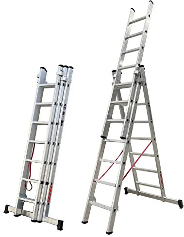 BTF | Escalera de Aluminio 3 Tramos 2,0 MTS, 7 peldaños x Tramo | Escalera Plegable Transformable y Extensible | Altura alcanzable Aprox. 5,5 Metros | Certificada EN131 - Carga 150 kg. BTF-ETTB6720