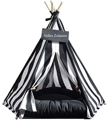Sport Tent Haustier Hause Hunde Tipi Zelt mit Spitze für Hunde Welpen Katzen, Hundebett Katzenbett Hundehaus mit abnehmbarem und waschbarem Kissen, Schwarzweiss-Streifen (M (Unter 7KG), mit Kissen)