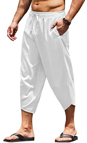 COOFANDY Men's Linen Harem Capri Pants Lightweight Loose 3/4 Shorts Drawstring Elastic Waist Casual Hippie Beach Yoga Trousers White