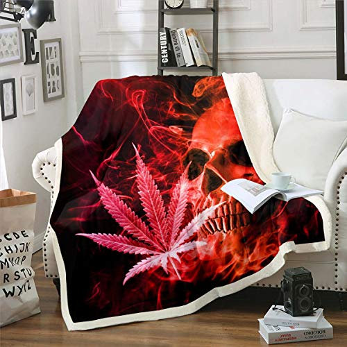 Manta de felpa con diseño de calavera de marihuana, hojas de cannabis, manta de forro polar para niños y niñas, linda calavera esqueleto, manta de sherpa, color rojo cáñamo para sofá cama, bebé 76 x